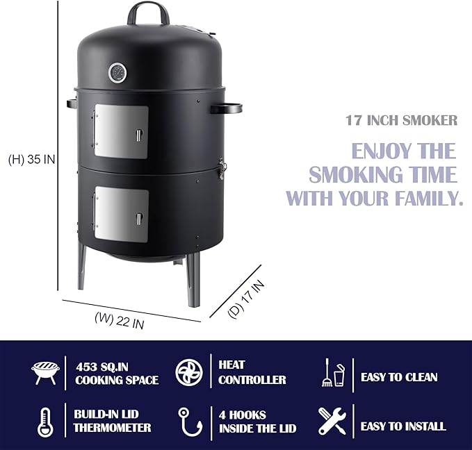 Realcook Charcoal Meat Smoker Grill: Premium BBQ Smokers with Smoke Box - Barbecue Vertical Charcoal Grill Combo for Outdoor Cooking Patio Backyard Grilling Tailgating