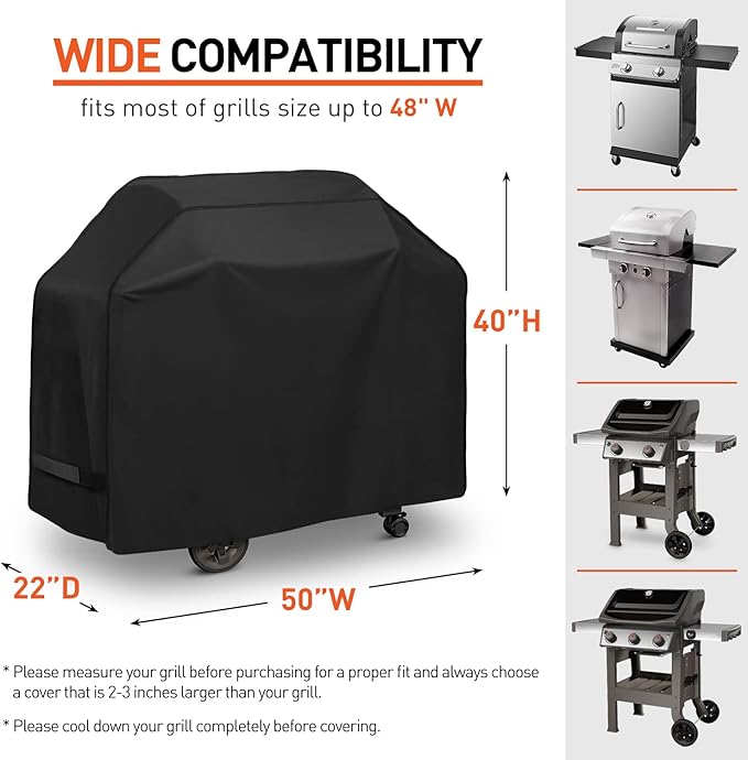 Arcedo BBQ Grill Cover 50 Inch, Heavy Duty Waterproof Barbecue Cover for Outdoor Grills up to 48 Inch Width, Suitable for Weber, Char Broil, Nexgrill Grills, etc, All Weather Protection, Black