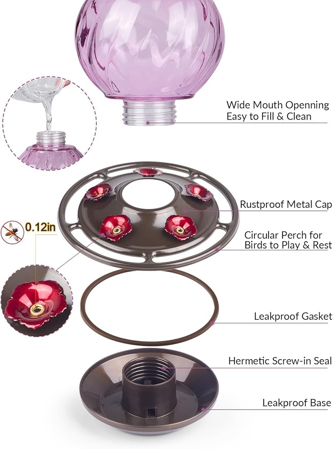 Auslar 26 Ounces Hummingbird Feeder, Purple Hummingbird Feeders for Outdoors Hanging, Ant Moat and 5 Flower Feeding Ports, Fade Proof, Rustproof, Leakproof, Netted Flower Bud Shape Bottle