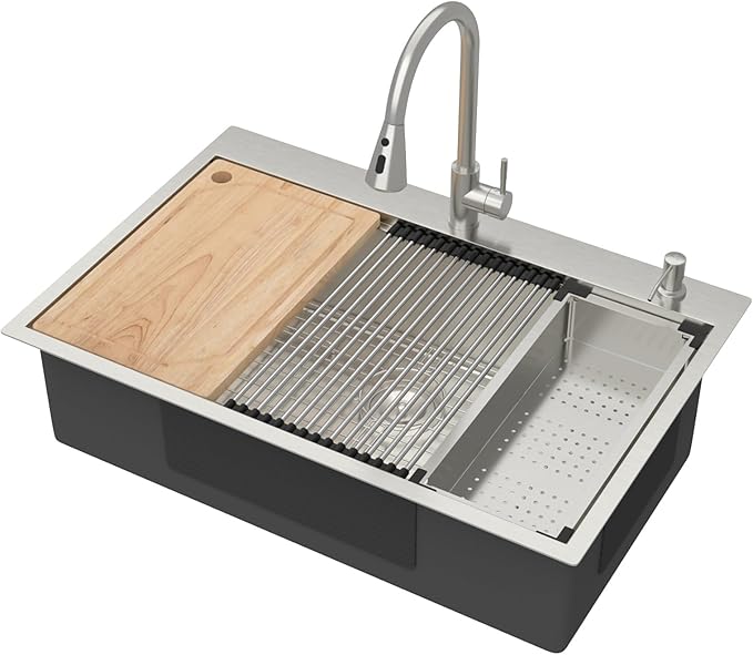 25" Drop In Kitchen Sink with Faucet Combo - 25x22 Kitchen Sinks Drop In and Faucet Combo Set Workstation 16 Gauge Stainless Steel Topmount Single Bowl Over Counter Sinks Basin #TLT-0018