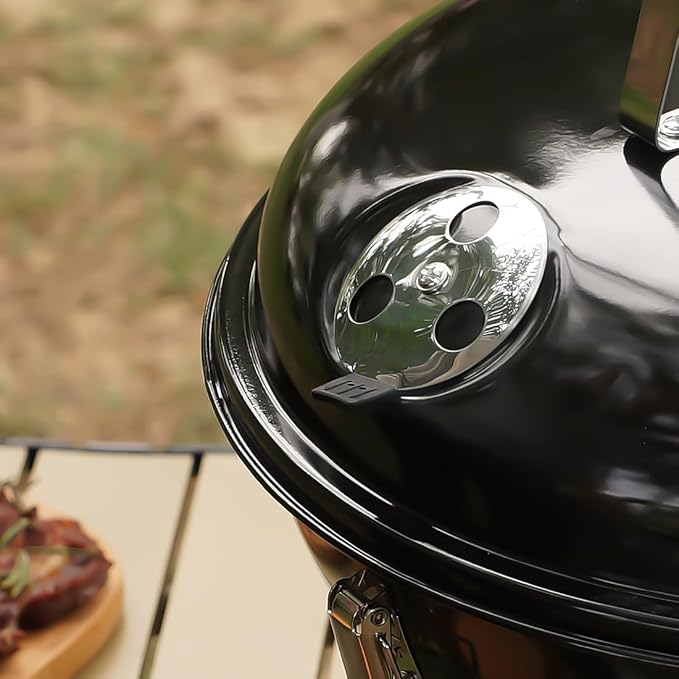 Charcoal Grill, CUSIMAX 14.5'' Portable BBQ Grill, Outdoor Mini Grill, Lid with Integrated Thermometer and Wooden Handle, Tabletop Grill for Camping Backyard and Anywhere Outdoor Cooking, Black