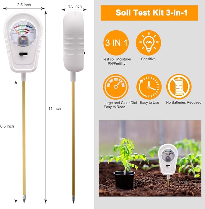 Soil Test Kit 3-in-1, Soil Moisture Meter, Soil PH Meter, Fertility Soil Tester, Soil Tester for Garden, Lawn, Farm, Outdoor & Indoor Use (Milky White)