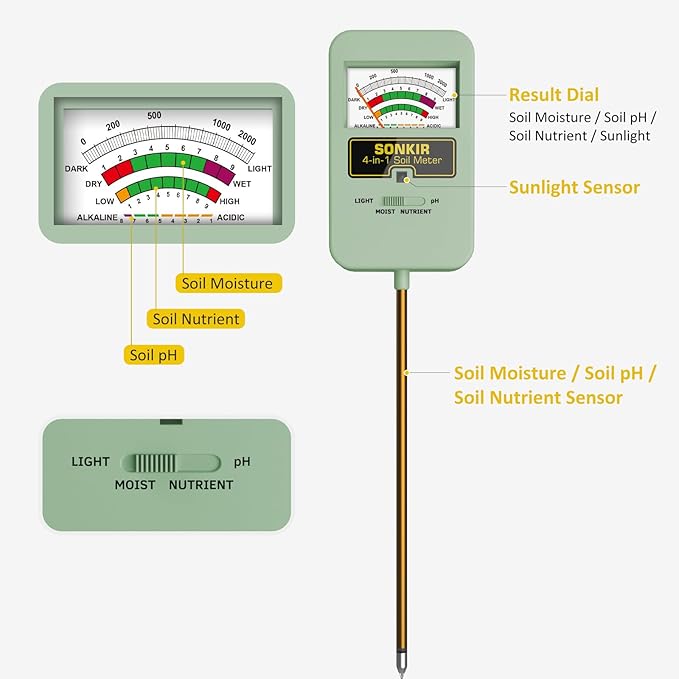 Soil Moisture Meter, 4-in-1 Soil Ph Meter, Soil Tester for Nutrients, Moisture, PH and Light, Soil Ph Test Kits for Plant, Great for Garden, Indoor & Outdoor Use (No Battery Required), Green