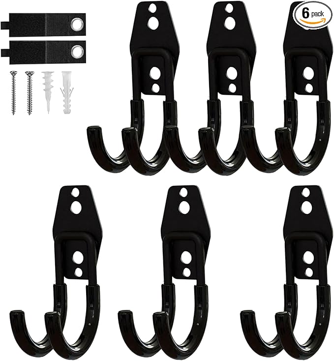 Garage Hooks, 6 Pack Small Round Wall Hooks for Hanging Heavy Duty Ladders, Bikes, Tools Ideal for Garage, Garden, Basement Utility Room Storage (Black)