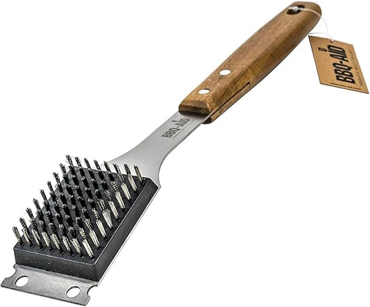 BBQ-Aid Grill Brush and Scraper for Barbecue โ Grill Brush for Outdoor Grill with Extended, Large Wooden Handle and Replaceable Stainless Steel Bristles Head โNo Scratch- BBQ Grill Brush for Any Grill