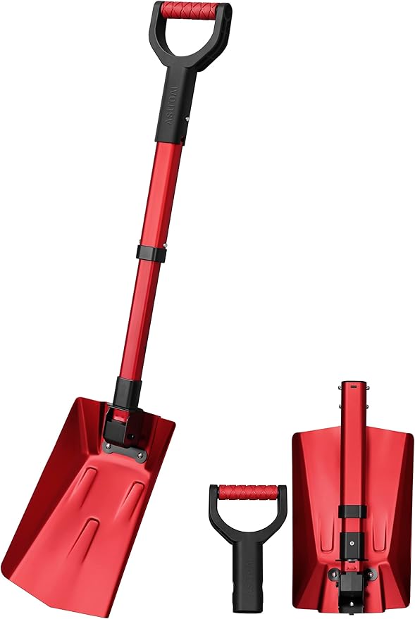 AstroAI 38.4" Folding Snow Shovel for Car, Extendable Snow Shovel with Thickened Aluminum Handle and Reinforced Iron Hinge, Portable and Multifunctional for Cars, Snowmobiles, Camping and Mud, Red