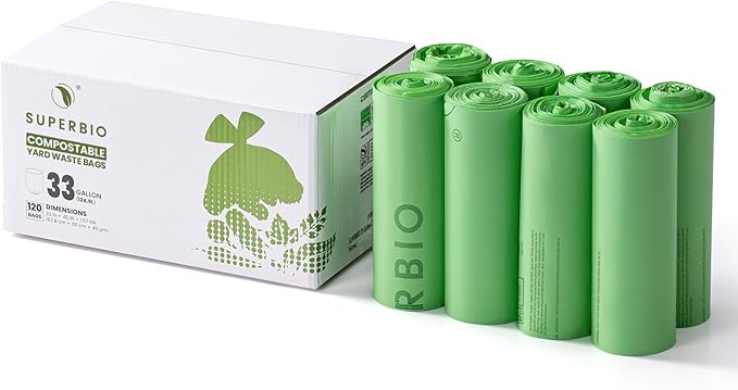 SUPERBIO 33 Gallon Compostable Yard Waste Bags, Lawn & Leaf Bags, Extra Thick 1.57 Mil (120 Count Bulk), BPI and OK compost INDUSTRIAL