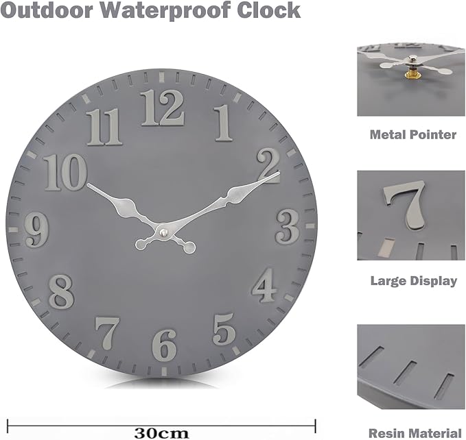 LOMANDA 12 Inch Outdoor Clock, Waterproof Wall Clocks, Non-Ticking Silent Outside Clocks Battery Operated Frameless Resin Indoor Outdoor Wall Clock Decor for Patio, Bathroom, Deck, Porch, Pool (Gray)