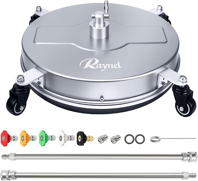 RAYNEL 18'' Pressure Washer Surface Cleaner with 4 Wheels, Stainless Steel Housing, 1/4" Quick Plug, 2 Extended Wands, 2 Replacement Nozzles and 5 Spray Nozzles