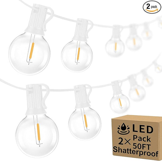 100ft 2-Pack Outdoor G40 LED Globe String Lights Dimmable Shatterproof Waterproof Light Strings with 52 Bulbs Connectable Commercial Hanging Lights for Patio Balcony Backyard Party (White Wire)