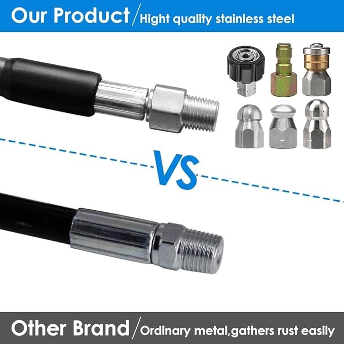 200FT Sewer Jetter Kit for Pressure Washer, 5800PSI Drain Cleaner Hose 1/4 Inch NPT Corner, Rotating and Button Hose Sewer Jetting Nozzle Pearl Corsage Pin Waterproof Tape with 2 Spanner