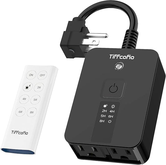 TiFFCOFiO Outdoor Timer Waterproof, Remote Control Dusk to Dawn Sensor Countdown, 100 ft Range, 2 Grouded Electrical Outlets for Home and Garden, 15A 1/2HP, Heavy Duty, ETL Listed (1 Pack)