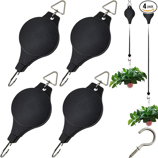 TIHOOD 4PCS Retractable Plant Pulley Hanging Basket Hooks with Ceiling Hooks, Adjustable Rope Clip Hanger for Garden Hanging Basket Pots Indoor & Outdoor Use