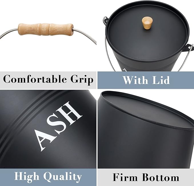 Mini Ash Bucket with Lid, Shovel and Broom, 1.5 Gallon Fireplace Metal Bucket with Lid, Charcoal Bucket and Ash Can for Fireplace, Fire Pits, Hearth, Wood Burning Stoves, Indoor and Outdoor