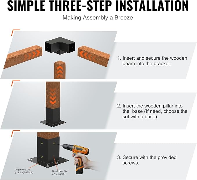 VEVOR Pergola Bracket Kit 4''x4''(Inner Size 3.6x3.6), 4pcs 3-Way Heavy Duty Corner Bracket Woodworks DIY Post Base Kit, Easy Installation Wooden Beams for Gazebos, Patio Pergolas, Log Cabin Outdoor