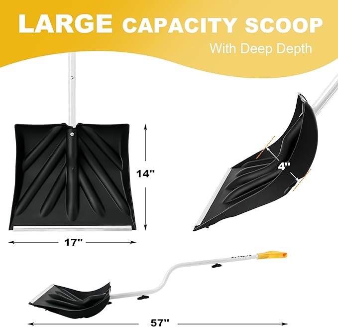Snow Shovel for Driveway Ergonomic Design 17” Reinforced Heavy Duty Snow Removal Easy Assembled Tool in Winter Snowy Day for Garage Car Parking Port Workshop Barn