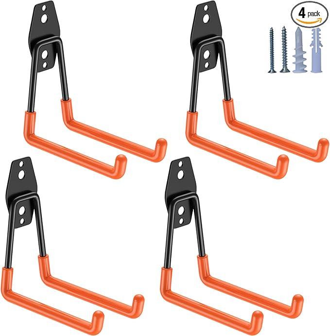 Heavy Duty Garage Hooks 4 Pack, 5.1 inch Medium U Shaped Hanger, Wall Mounted Storage System, Power and Garden Tool Organizer, for Hanging Ladders, Hose, Bulk Items and More