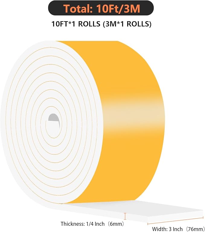 Weather Stripping Door Seal,Weather Stripping,Soundproof,Cold Insulation,High Density CR Foam Insulation Tape for Door,Windows (White, 3 in x 1/4 in x 10Ft)