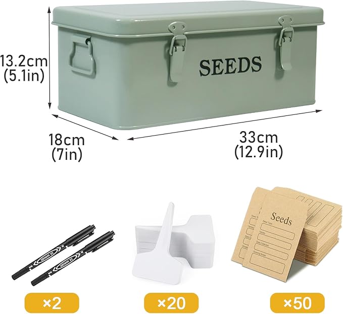 Seed Storage Organizer, 4 Compartment Seed Storage Box with Safety Lock, Metal Seed Box Container with 2 Pens, 20 Plant Labels and 50 Seed Envelopes for Seed Packet & Small Garden Tool, Green