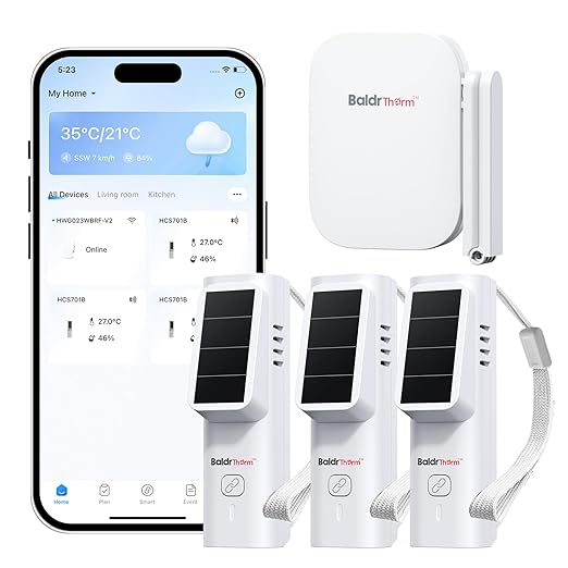 BaldrTherm Solar WiFi Hygrometer Thermometer Sensor, Smart Wireless Temperature Humidity with App Notification Alert, Date Storage, Remote Monitor for Room Greenhouse, 3pack