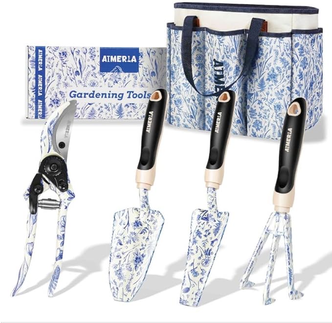 Gardening Tool Set of 5 Heavy Duty Aluminum Garden Tools with Non-Slip Rubber Grip, Fashion Garden Bag, Durable Hand Tools for Gardener, Weeding, Gardening Gifts for Women,Men - Floral