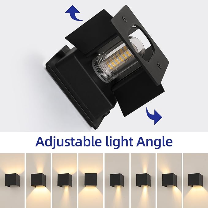 2 Pcs Outdoor Wall Lights Exterior/Interior G9 Wall Sconces Up and Down Lights IP65 Waterproof Outdoor Lighting Square Aluminum Black 4000K Natural Lights Replaceable bulb, Adjustable Light Angle