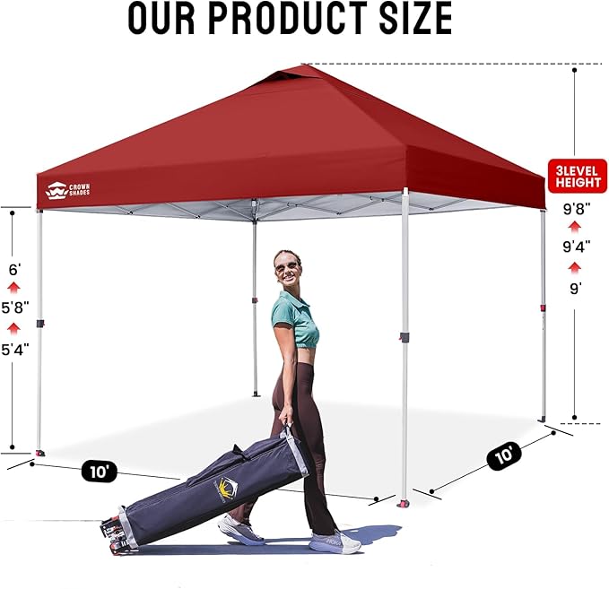 CROWN SHADES 10x10 Pop Up Canopy - Beach Tent with One Push Setup - Easy Outdoor Sun Shade for Events, Parties, Camping - Gazebo with STO-N-Go Cover Bag, Silver Coated Top, Red