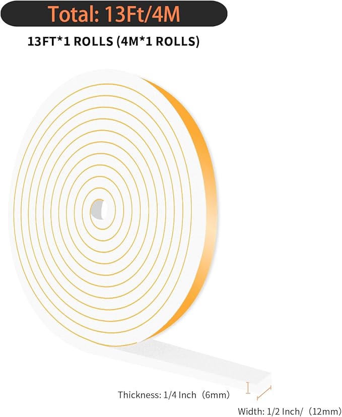 Weather Stripping Door Seal,Weather Stripping,Soundproof,Cold Insulation,High Density CR Foam Insulation Tape for Door, Front Door Frame, Windows,White (White,1/2 in x 1/4 in x 13Ft)