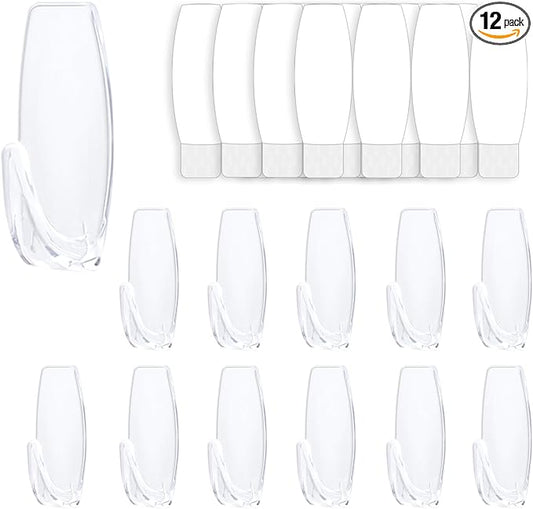 12 Large Wall Hooks for Hanging Heavy Duty, with 16 Removable Strips, Clear Hanger Hooks, Damage-Free Utility Hooks with Adhesive Strips, Plastic Wall Hook for Key, Shower, Towel, Coat, Door, Hat.