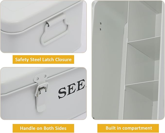 Seed Storage Organizer, 4 Compartment Seed Storage Box with Safety Lock, Metal Seed Box Container with 2 Pens, 20 Plant Labels and 50 Seed Envelopes for Seed Packet & Small Garden Tool, White