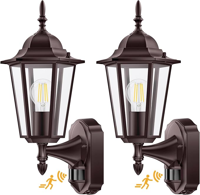 Lamomo 2 Pack Motion Sensor Outdoor Lights, Upgrade Dusk to Dawn Bronze Outdoor Light Fixture Wall Mounted, 100% Anti-Rust Aluminum Waterproof Porch Lights for Patio Front Door Garage