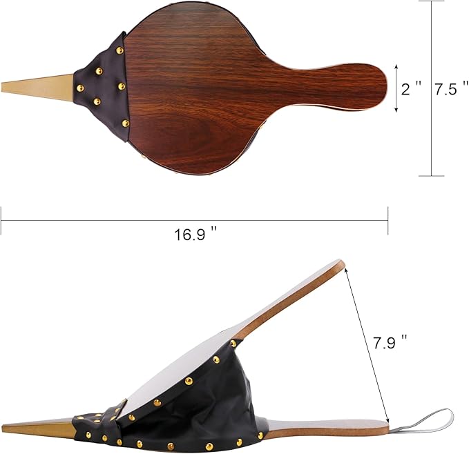 Wood Fireplace Bellows 17''x7.5'' with Hanging Leather Strap, Brown Air Bellower for Outdoor BBQ and Camping