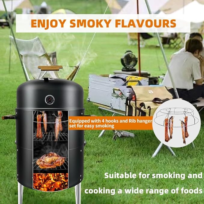 17-1/2" 3-IN-1 BBQ Smoker Grill Built in Thermometer, Air Vent and Access Doors, Multi-Layer Meat Smoker Grill with 3 Bamboo Handles, Idea for Parties, Backyard, BBQ