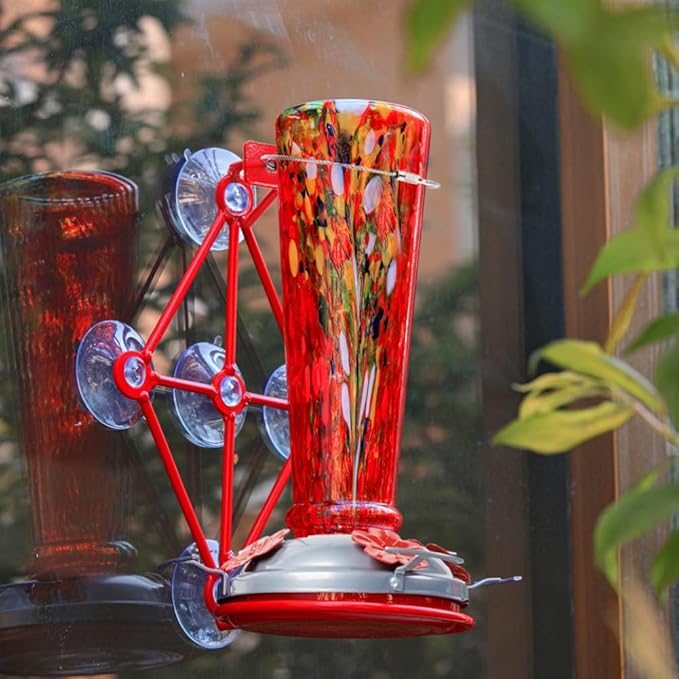 Window Hummingbird Feeder with 5 Strong Suction Cup 16 Ounces Colorful Hand-Blown Glass Hummingbird Feeder for Outdoor Patio Hanging Windows Mount (Red)
