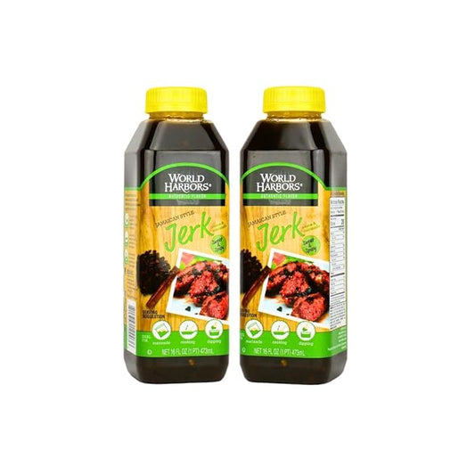World Harbors Jamaican Jerk Sauce Sweet & Spicy Marinade for Jamaican Jerky Seasoning Chicken, Sirloin, Shrimp Jerk Seasoning Jamaican Style - Flavors for Dipping, Glazing 16 oz (Pack of 2)