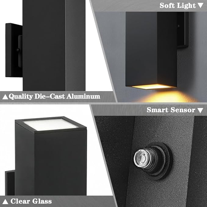SHIMR Outdoor Wall Lights Dusk to Dawn 2 Pack, ETL Listed Outdoor Light Fixture Wall Mount, Aluminum Anti-Rust Up and Down Outside Lights for House Porch Garage Patio, LED Bulbs Include