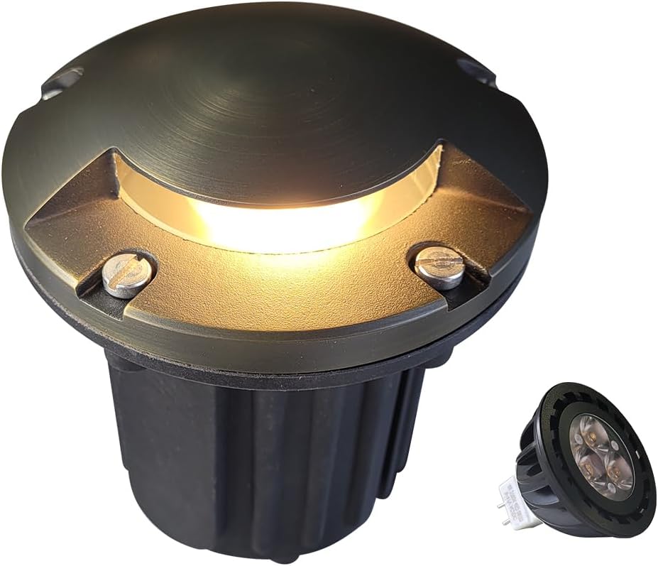 MALORY Low Voltage Landscape Well Lights,(5‘’H 12V Brass Top Cover Outdoor In Ground Lights,Landscape Lighting for Pathway, Driveway and Garden (One-Direction Turret, 1-Pack with Bulb)