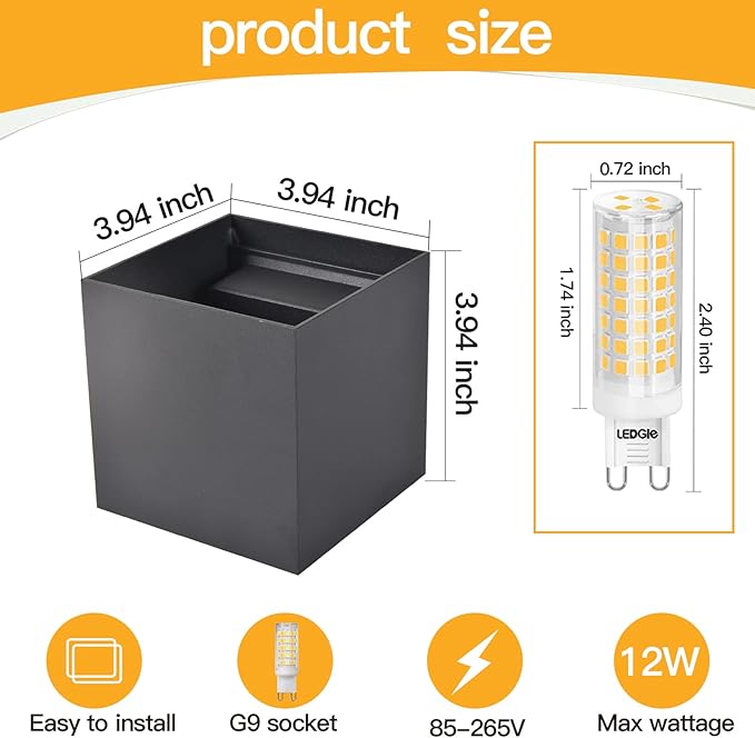 2 Pcs G9 Outdoor Wall Lights Exterior/Interior Wall Sconces Up and Down Lights IP65 Waterproof Modern Outdoor Lighting Square Aluminum Black 3000K Warm Lights Replaceable bulb, Adjustable Light Angle