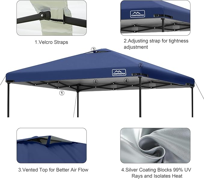 KAMPKEEPER Replacement Top Pop Up Canopy Tent Cover Roof with Air Vent and Adjustable Elastic Strap, Polyester UV Waterproof for Outdoor Garden Patio Sun Shade(Top Only) (Navy Blue, 10x10FT)