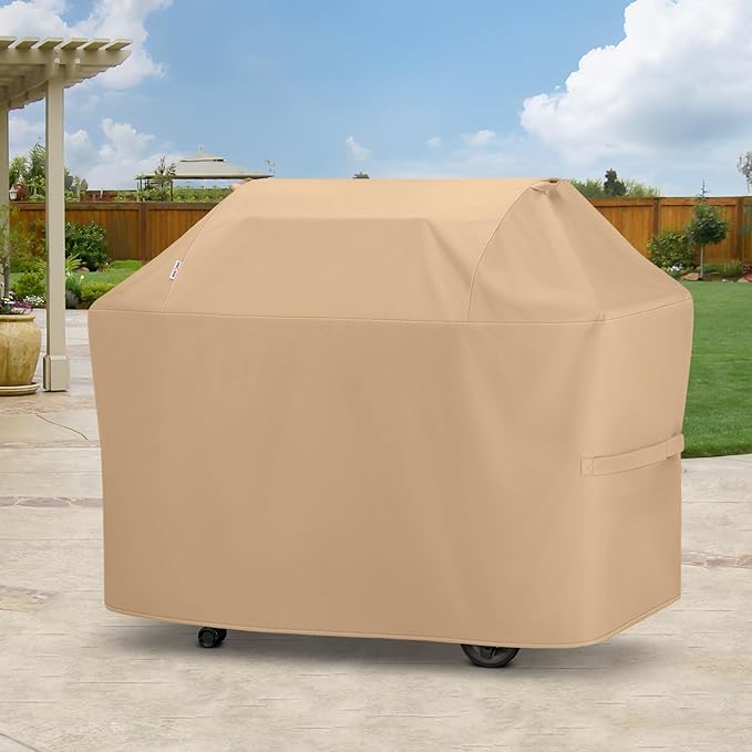 Unicook 70 Inch Grill Cover for Outdoor Grill, Heavy Duty Large BBQ Cover with Handles and Straps, Compatible with Weber Charbroil Nexgrill Kenmore Grills etc, All Weather Protection, Light Brown