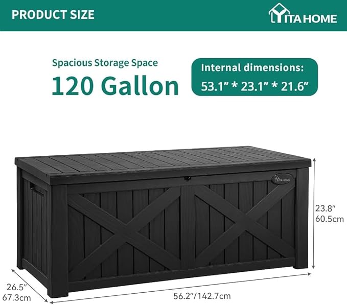 YITAHOME 120 Gallon Large Deck Box with X-Shaped Front, Resin Outdoor Storage Boxes, Waterproof Cushion Storage Bench for Patio, Pool Supplies, Garden Tools - Lockable, Black