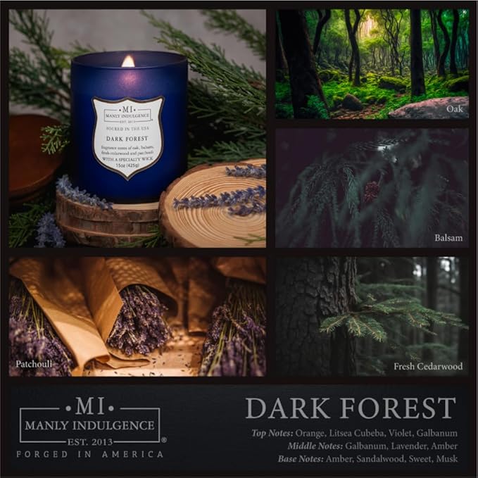 Manly Indulgence Dark Forest Scented Jar Candle for Men, Wood Wicked Candle, 15 oz - Oak, Balsam, Fresh Cedarwood & Patchouli - Up to 60 Hours Burn, Soy Blend Wax, USA Poured, Navy Blue