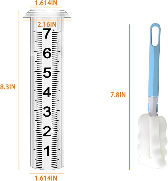 Rain Gauge Replacement Tube, Rain Gauge Outdoor Best Rated Tube,7" Capacity Accurate Rain Gauge Tube, Rain Gauge Outdoor Freeze Proof Measure Tube,2 pc Plastic Rainfall Meter Tube with 1 Brush