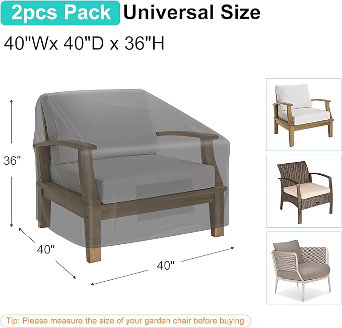 Patio Chair Covers for Outdoor Furniture Waterproof 2 Pack, Lawn Chair Covers 600D Heavy Duty Oxford Cloth, Large Covers for Lounge Lawn Deep Seat Black 40" W x 40" D x 36" H