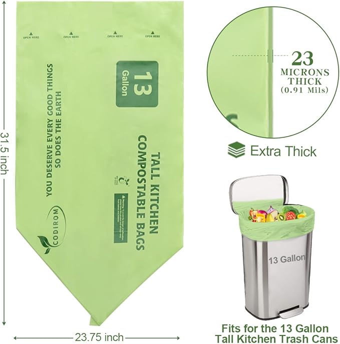 100% Compostable Trash Bags, 13 Gallon, 49.2 Liter, 0.91 Mils, 65 Count Kitchen Tall Food Scrap Compost Bags for Tall Kitchen Trash Cans with Europe EN13432 Certified