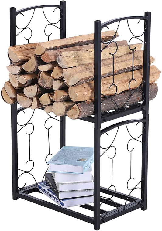 PHI VILLA 2-Layer Firewood Rack Heavy Duty Double-Layer fireplace wood holder Sorting Storage Rack for Outdoor Indoor Decoration