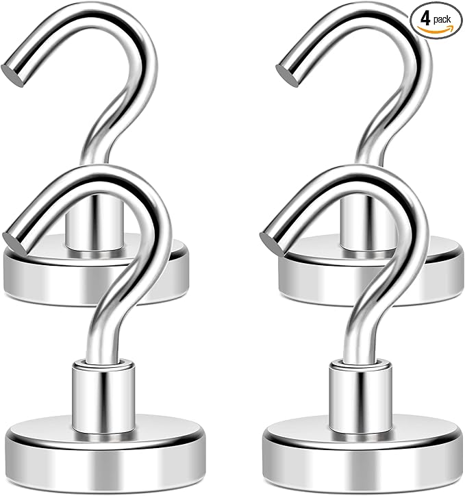MIKEDE Magnetic Hooks, 40Lbs+ Heavy Duty Magnet Hooks for Cruise Cabins, Super Neodymium Hanging Hooks Strong Magnets with Hook for Fridge, Magnetic Hanger for Grill, Toolbox, Storage, Pack of 4
