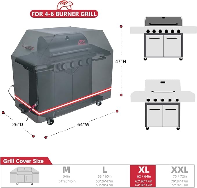 Turtle Life BBQ Grill Cover, 64 Inch Heavy Duty Waterproof 4-6 Burner Barbecue Gas Grill Covers for Weber Genesis Char-Broil Deluxe Royal Gourmet GA Series, Black