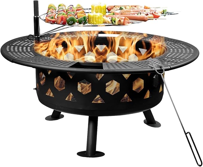 Bettermade 32 Inch 2 in 1 Large Camping Fire Pits for Outside with Cooking Grill and Fire Poker, Outdoor Fire Pit, Wood Burning Firepit for BBQ, Warm up, Patio, Bonfire, Camping, Picnic