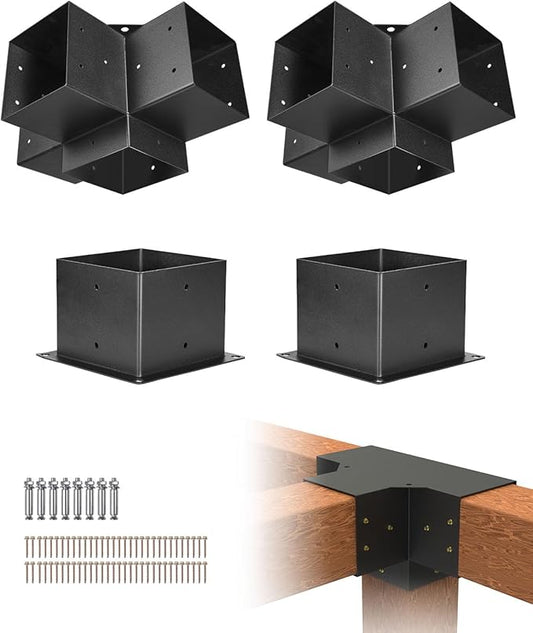 VEVOR Pergola Bracket Kit, 6x6 Inch (Inner Size 5.5x5.5), 2 Pcs 4-Way Heavy Duty Corner Bracket Woodworks DIY Post Base Kit, Easy Installation Wooden Beams for Gazebos, Patio Pergolas, Log Cabin